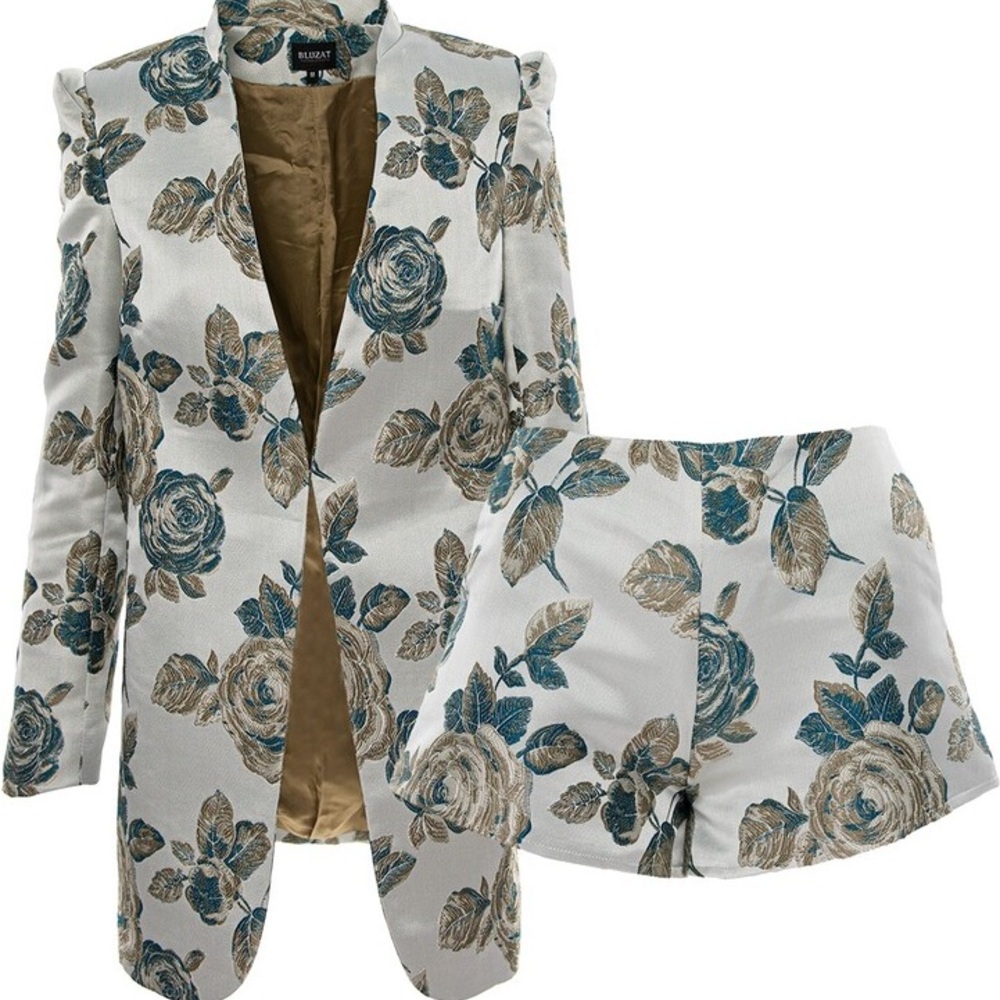 Bluzat Jacquard Suit Women's Blazer And Shorts Roses Elegant Floral Overcoat M
